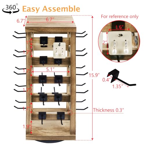Ikee Design Exquisite Rotating Jewelry Tower- Natural Wood Finish- Showcase and Organize Your Collection with 42 Hooks- Easy Earring Display Stand- 5 Bars on Each Face for Maximum Storage -Oak Color