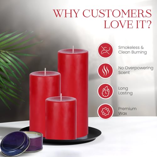 Image of D'Velas Pack of 3 Unscented Red Pillar Candles | Burn Time 50 /65 /80 Hours | Bonus 3oz Scented Travel Tin | Long-Lasting Paraffin Wax Candles for Home Decor, Festive Use & Events