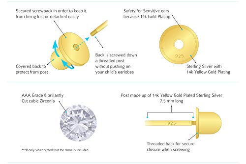 14k Gold Plated Brass Horse Cubic Zirconia Screwback Baby Girls Earrings with Sterling Silver Post3