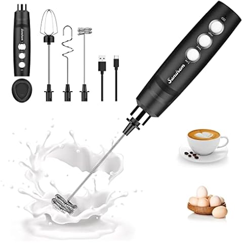 Rechargeable Milk Frother Handheld, Coffee Cream Frother Handheld with 3 Stainless Whisks Heads, Electric Whisk 3 Speeds Adjustable for Latte, Cappuccino, Matcha, Hot Chocolate, Egg Mix Cover