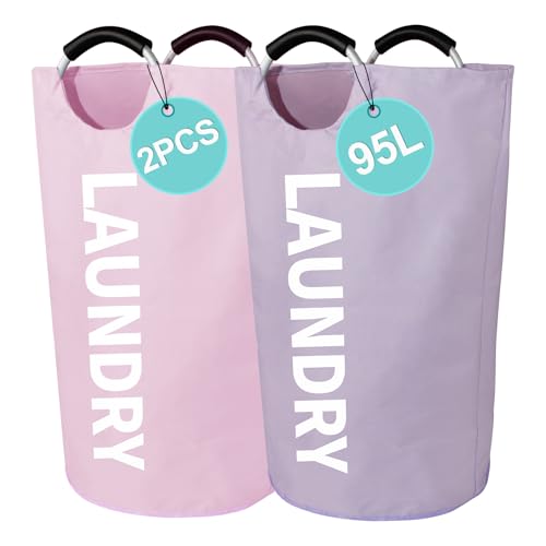 WOOHA Collapsible Laundry Hamper, 95L Large Laundry Basket with Handle, 600D Oxford Fabric Dirty Clothes Hamper, Standing Clothes Basket for Bathroom, Dorm, Laundry Room, Pink+Purple
