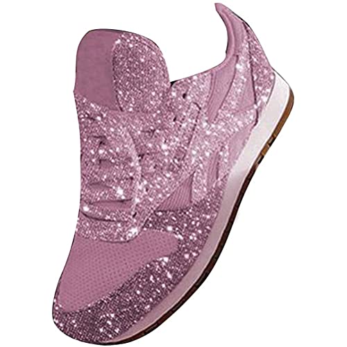 ticticlily Baskets Femme Lacets Chaussures de Sport Fitness Confortable Basses Basquettes Chaussures décontractées à Paillettes Baskets Respirantes à Plateforme de Couleur Unie Rose 43 EU Cover