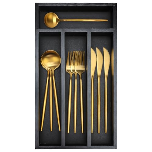 Small Wooden Silverware Organizer Tray Narrow Kitchen Drawer Dividers Utensil Organizers and Storage Black Cutlery Trays Spoon Flatware Organizer for Drawer Bamboo Cutlery Utensil Holder Tray