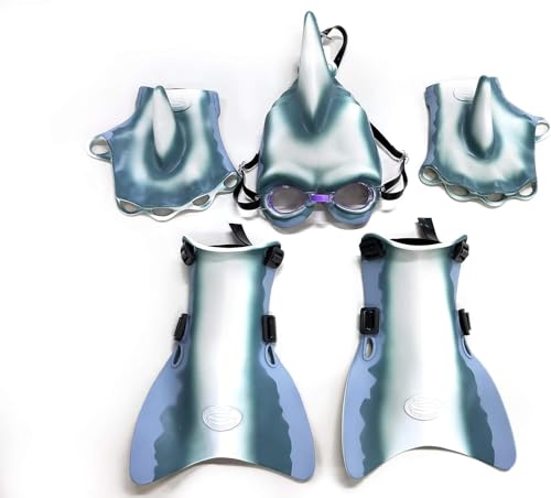 SHARKMAN Super Swimmer Shark Swim Gear for Kids Great White Mask with Built-in Goggles Dorsal Fin Flippers & Web Gloves NEW Improved Straps & Buckles Fun Costume Pool Toy Ages 4-12