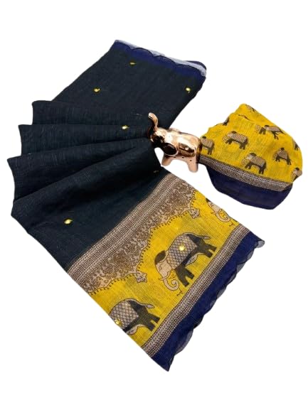 Image of Women's Linen Cotton Blend Saree Multicolor Ikat Brush Print Scalloped Border with Floral Print Unstitched Blouse Piece