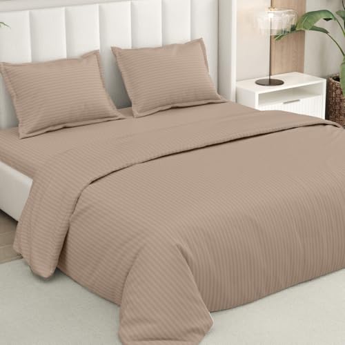 Image of Rivermoor Ultrasoft Bedsheet for Double Bed | Queen Size Bed Sheet with 2 Pillow Covers | Beige Satin Stripe | 90 x 98 Inches | Breathable & Hypoallergenic