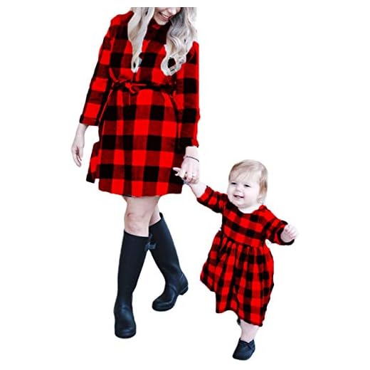Eghunooye Mamma och dotter klänningar set långärmad pläd tryckta klänningar kvinnor småbarn flicka skjorta klänning skjorta klänning familj matchande kläder mamma barn kläder, Rot /Baby, 12-24 Månader