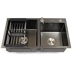 Fregadero 2 Pozos JINPRDAMZ Fregadero de cocina negro, doble fregadero de acero inoxidable 304, fregadero con desagüe y rebosadero con tubos que ahorran espacio, 110 mm