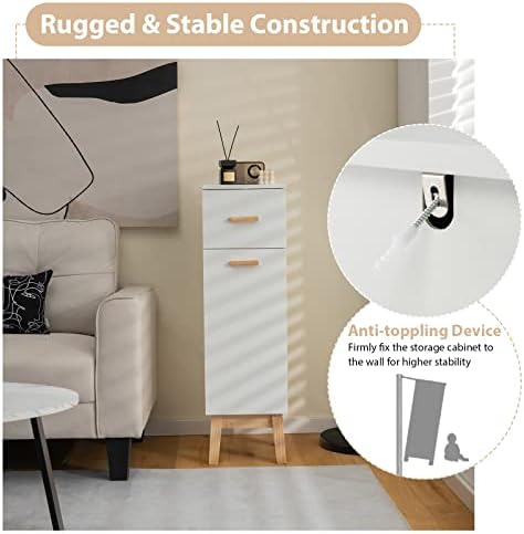 COSTWAY Bathroom Storage Cabinet, Floor Standing Wooden Cupboard with Drawer, Adjustable Shelves and Single Door, Slim Tall Side Cabinet Organiser Unit for Living Room Bedroom Hallway (White)
