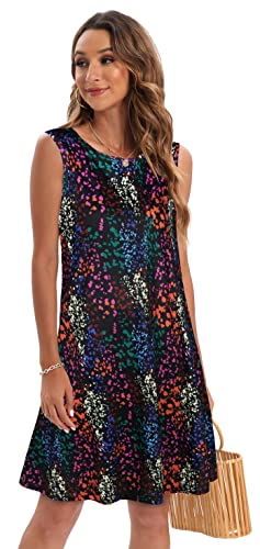 Summer Dresses For Women Beach Floral Tshirt Sundress Sleeveless Pockets Casual Loose Tank Dress(Black Colorful,L) #TOP4