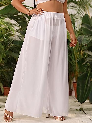 Floerns Women's Plus Size Sheer Mesh Elastic Waist Wide Leg Beach Cover Up Pants White 1XL4