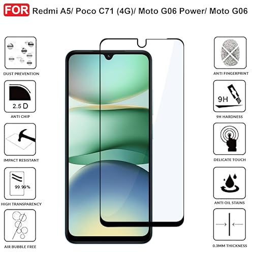 Image of CEDO Tempered Glass for Redmi A5 / Poco C71 (4G) / Moto G06 Power /Moto G06 | Screen Protector Full HD Quality Tempered Glass Anti-Scratch Edge to Edge Coverage with Easy Installation Kit (Black)