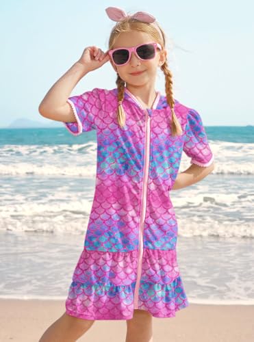 Image of BesserBay Girls Summer Beach Quick Dry Cover Up Ruffle Hem Terry Smocked Hooded 4-14 Years with Pockets