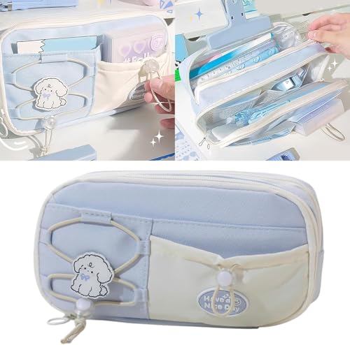 Image of Large Capacity Cute Aesthetic Pencil Case with multi ompartments, Multi-Pocket Pastel Pen Pouch Organizer with Zipper, Kawaii School Supplies Bag for Girls, Teens & Students (Light Blue Dog)