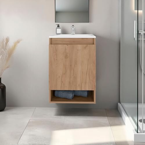 Natural Oak 2 Door Wall Mounted Bathroom Vanity with Sink