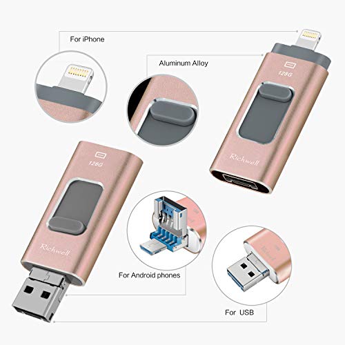USB Flash Drive 128G Thumb Drive for iPhone Photo Stick 3in1 USB 3.0 Memory iPad Flash Drive USB Stick External Storage Richwell Password/Touch ID Protected/Android and Computer(Pink128G-XT)