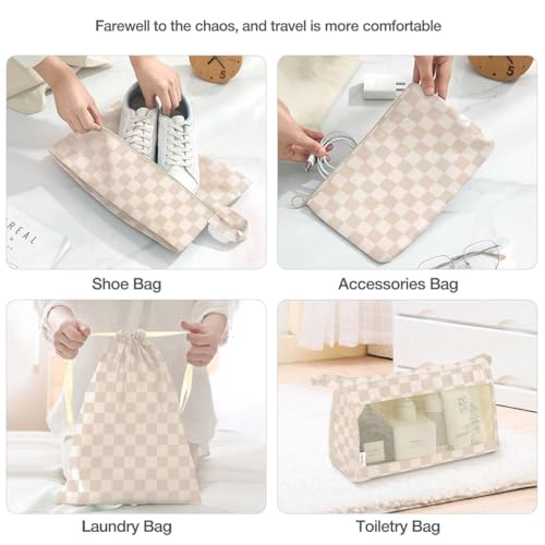 Image of Packing Cubes for Travel, Packing Cubes with Shoe, Cosmetics, Clothing,and Accessories Bags, Travel Cubes for Packing Suitcase Organizer for Women Men, Khaki Grid-A, Large