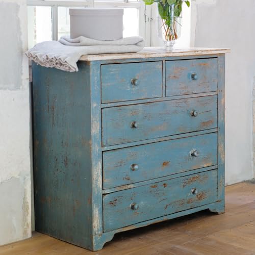 Image of The Attic 5 Drawer Chest, Kitchen and Living Room Storage, Solid Wood, Distress Blue Matte Finish