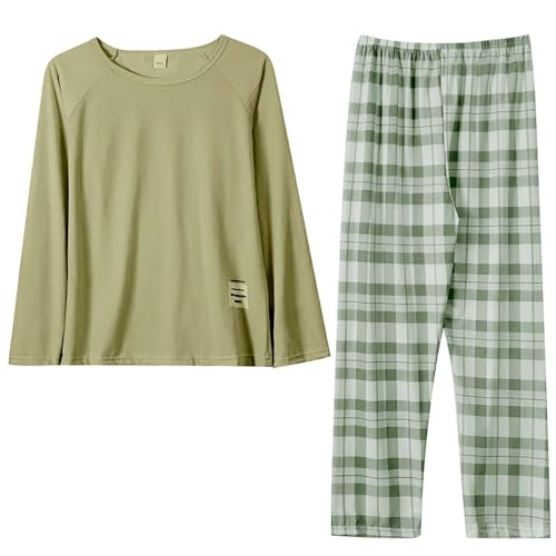 Pijamas Mujer Tallas Grandes Conjuntos de Otoño, Casual, Cuello a Cuadros, Ajuste Holgado, 2 Pantalones de Pierna Ancha Con Bolsillo (Green, XXL)