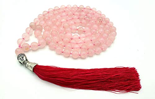 CMEI 108 Rose Quartz Beaded Necklace Semi-Precious Gem Stones Necklace 108 Hand Knotted Mala Buddha Head Red Tassel Necklace
