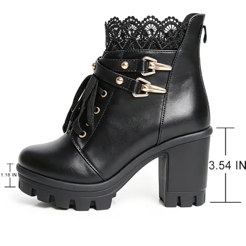 Image of FOREADA Goth Boots Chunky Heel Boot For Women Ankle Combat Booties Black Platform Bootie Buckle Rivets Punk Goth Shoes With Zipper