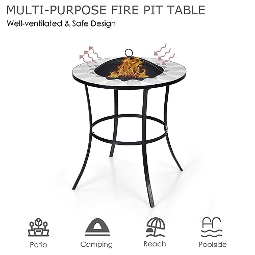 KOMFOTTEU Feuerstelle mit Tisch, Feuerschale mit Funkenschutz & Schürhaken, keramische Tischplatte mit Mosaikmuster, Feuerkorb aus Metall für Heizung Camping, 65 x 65 x70 cm – Bild 4