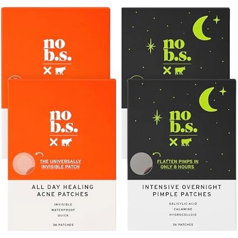 No B.S. (No Bad Stuff) All Day Healing Acne Patches & Intensive Overnight Pimple Patches, Pimple Patch for Clear Skin, Hydrocolloid, Acne Spot Dots to Help Reduce Redness, 72 Patches Each Cover