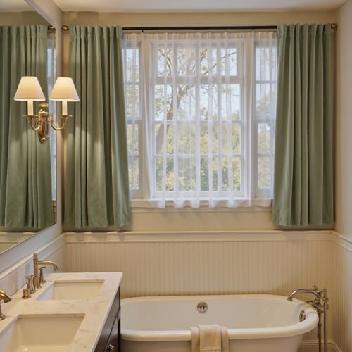 Image of Blackout Olive Sage Velvet Curtains Rod Pocket 52x63 Inch 2 Panels | Soft Velvet, Light Filtering, For Small Windows, Kitchens & Bathrooms, Light Shifting Texture, Elegant Drape, Serene