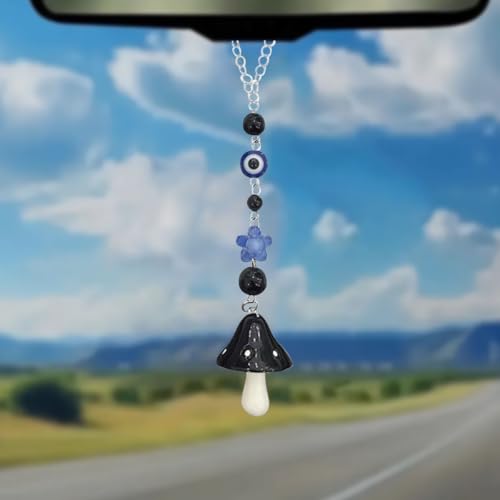Tuxihapp Mushroom Car Rear View Mirror Charm - 8.1'' Long Lucky Mushroom Evil Eye Pendant Car Rearview Mirror Hanging Ornament - Hand-Painted Beads Vehicle Interior Decoration for SUV, Truck (Black)