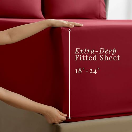 Image of Hearth & Harbor Extra Deep Pocket Sheets - Fits Mattress 18-24 Inches Deep - Extra Deep Pocket California King Size - 6 Piece Cal King Sheets - Cal King, Burgundy