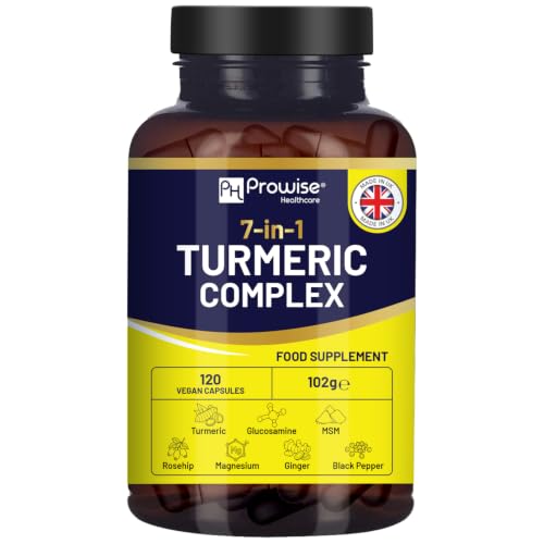 Complejo de Cúrcuma 7 en 1-5000 mg | 120 cápsulas veganas | Suplemento de alta potencia con glucosamina, MSM, rosa mosqueta, jengibre, pimienta negra y magnesio | 95% de curcumina
