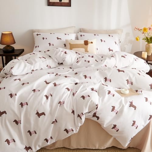 Freyamy Dackel Bettwäsche 135x200cm Mädchen Weiß Rosa Braun Dackelmuster Bettwäsche-Sets Wende Microfaser Kinderbettwäsche ÖKO-TEX Deckenbezug 1 Bettbezug mit Reißverschluss und 1 Kissenbezug 80x80cm