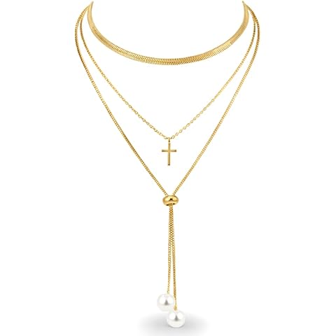 Layered Gold Cross Necklace for Women with Crystal Rhinestone Turquoise Tiger's Eye...