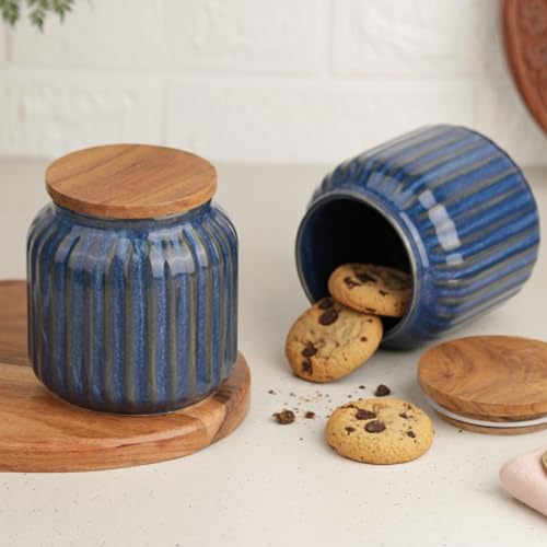 Image of The Earth Store Glam Blue Ceramic Jar Set of 2, 550ML | Wooden Air Tight Lid Jars for Pickles /Achar, Chutney, Sauces, Salt, Candy and Spices | Ceramic Jar for Kitchen, Gifting