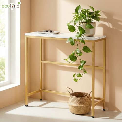 Image of ecofynd 27 Inch Console Table, Metal with Engineered Wooden top for Long Narrow Hallway, Entryway, Living Room, Dining Room, Office, Home Side Table Storage Shelf (WHTGO, CT004)