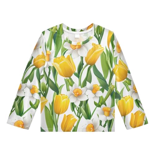 Daffodil Floral White Boy's Rash Guard Swim Shirt Long Sleeve Sun Shirt for Swimming Pool Beach UPF50+ 4T