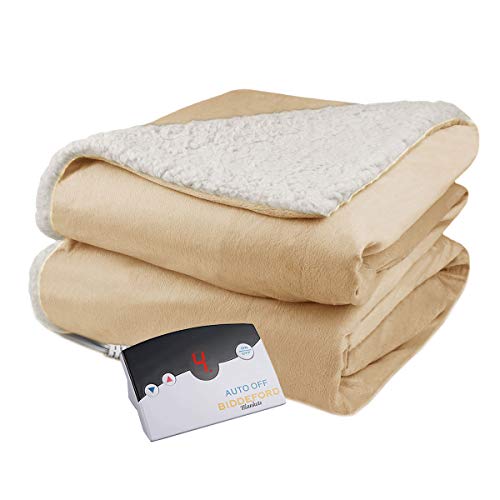 BIDDEFORD BLANKETS Micro Mink Sherpa Heated Blanket with Therapeutic Heat Settings, Machine Washable, Safety Tested & Approved - Perfect for Warm, Cozy Nights, Digital Controller, Twin, Linen