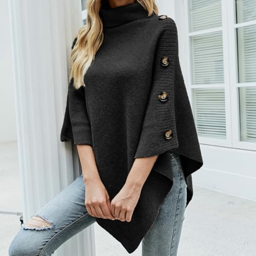 Women Turtleneck Poncho Knit Cape High Neck Button Detail Sweater 3/4 Sleeve Oversized Fall Sweaters Pullover Shawl2