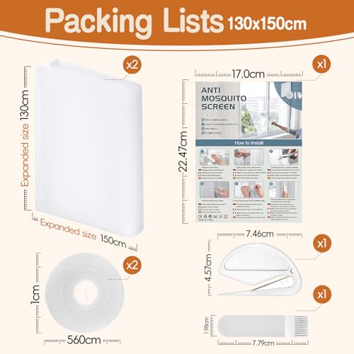 MOEGFY Fliegengitter Fenster Weiss 130X150cm, 3er Pack Mosquito Net Window, Moskitonetz Fliegennetz Fenster, Fensternetz Insektenschutz, Geeignet Für Alle Fenster, Kein Bohren Erforderlich