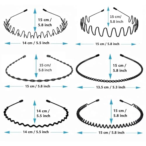 Image of Black Metal Hair Band for Men - 6 Pcs Thin Wavy Non-Slip Adjustable Headbands for Women & Boys, Sports, Gym, Yoga, Running & Face Wash
