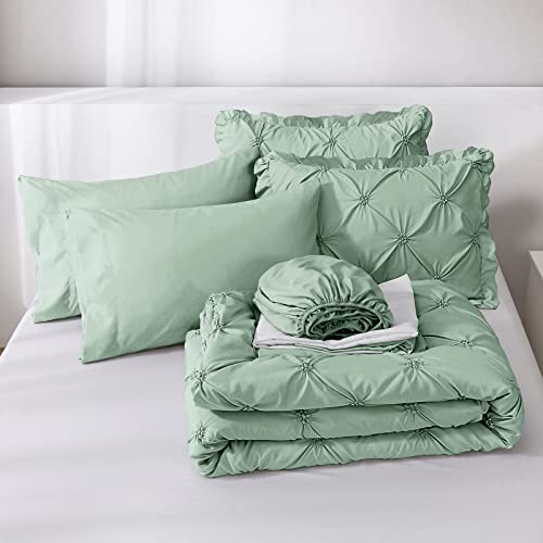 JOLLYVOGUE Green Twin Size Comforter Sets 5 Pieces, Pintuck Bed in a Bag Comforter Set for Bedroom, Bedding Comforter Sets with Comforter, Sheets,Ruffled Shams & Pillowcases
