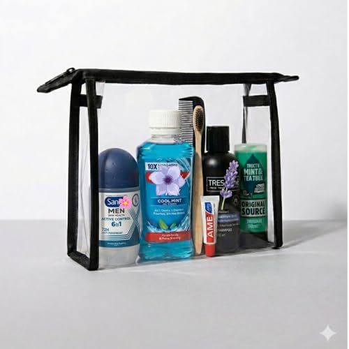 Mens Travel Toiletries Set with Clear Toiletry Bag Airport Approved Travel Kit with Shampoo Shower Gel Toothpaste Mouthwash Toothbrush & Roll-On Deodorant Travel Essentials for Holidays
