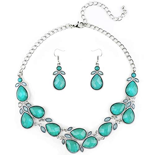 FIRSTMEET Shiny resin drill collar Necklace with earrings (teal-bk)