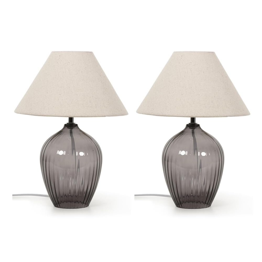 Valuelights Grey | Glass Base Table Lamp With Fabric Tapered Lampshade | Table Lamps, Home Décor & Improvement Essential | Set Of 2