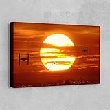 RileyCraftley Star Wars Sunset Canvas Wall Art – TIE Fighters Silhouette Scene – Gallery Wrapped Print – Sci-Fi Home Decor Gift