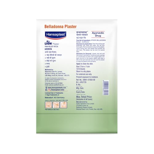 Image of Hansaplast Ayurvedic Pain Relief Patch for Back, Joint & Muscle Pain | Sustained Heat | Odor-Free & Non-Messy | Natural Atropa Belladonna Extract