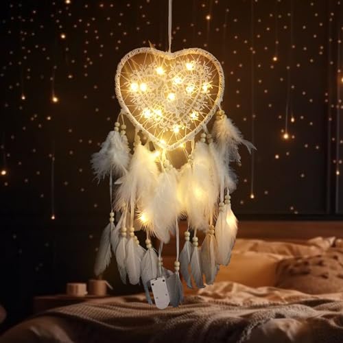 Kikuo Atrapasueños Niñas, Dream Catcher Corazón Hueco con Luces Led, Atrapasueños de Plumas Hecho a Mano, Atrapasueños Grande para Dormitorio Decoración de Boda Regalo Artesanal Colgante de Pared