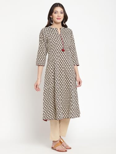 Image of SAVI Beige and Black Cotton Printed Flared Kurta
