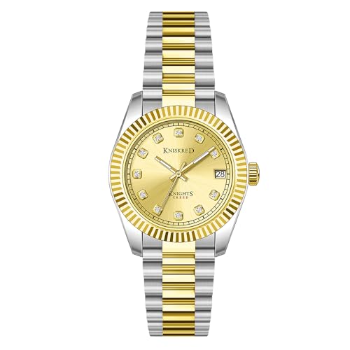 KNISKRED Reloj Clásico para Mujeres con Cristal de Cuarzo y Banda de Acero Inoxidable Sólido Vestido de Señoras Reloj Resistente al Agua (Plateado Oro) KNISKRED Reloj Clásico para Mujeres con Cristal de Cuarzo y Banda de Acero Inoxidable Sólido Vestido de Señoras Reloj Resistente al Agua (Plateado Oro)