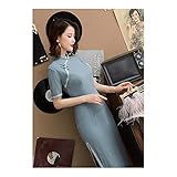 Tipo de tela: Paño Chenran, El algodón de Lino de la Vendimia Cheongsam Largo Delgado de Verano de Manga Corta Qipao Chino Tradicional Vestido de Las Mujeres (Color: Dark Gray, Size: M.)